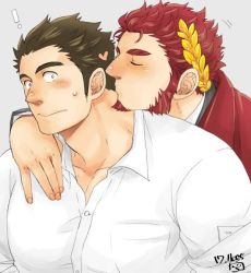 Rule 34 | 2boys, bara, blush, claude (housamo), couple, facial hair, gakei3, goatee, hand on another&#039;s shoulder, heart, kiss, kissing neck, large pectorals, laurel crown, long sideburns, pectoral cleavage, male focus, protagonist 3 (housamo), mature male, multiple boys, muscular, muscular male, partially unbuttoned, pectorals, red hair, shirt, short hair, sideburns, surprise kiss, surprised, sweatdrop, thick eyebrows, tokyo houkago summoners, upper body, white shirt, yaoi
