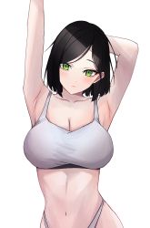 Rule 34 | 1girl, absurdres, animification, arm up, armpits, arms behind head, black hair, bob cut, bra, breasts, cleavage, closed mouth, green eyes, highres, large breasts, looking at viewer, navel, panties, short hair, simple background, slowinfinity, solo, underwear, valorant, viper (valorant), white background, white bra, white panties