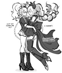 Rule 34 | !, !!, 2girls, absurdres, bare shoulders, bear hair ornament, black bow, blush, boots, bow, braid, breasts, crown, danganronpa: trigger happy havoc, danganronpa (series), detached sleeves, english text, enoshima junko, from side, full body, greyscale, hair ornament, high heel boots, high heels, highres, horns, hug, khee, large breasts, long hair, master detective archives: rain code, monochrome, multiple girls, profile, shinigami (rain code), standing, twin braids, twintails
