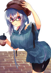 Rule 34 | 1girl, :p, arm up, bike shorts, black-framed eyewear, black shorts, blue dress, blue hair, blue shirt, blush, brick floor, brown hat, bubble tea, cabbie hat, closed mouth, commentary request, cup, disposable cup, dress, drinking straw, ebihara beniko, fingernails, glasses, hair between eyes, hand on headwear, hat, highres, holding, holding cup, long hair, looking at viewer, original, plaid headwear, red eyes, shirt, short shorts, shorts, shorts under dress, sidelocks, skindentation, smile, solo, striped clothes, striped dress, striped shirt, tongue, tongue out, vertical-striped clothes, vertical-striped dress, vertical-striped shirt, white background
