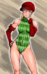 Rule 34 | 1girl, ;), adapted costume, antenna hair, blue eyes, blush, braid, breasts, cabbie hat, cammy white, capcom, collarbone, commentary, commentary request, covered navel, detached sleeves, english commentary, facial scar, gluteal fold, green leotard, hand on own hip, hat, heattech leotard, highres, leotard, lips, looking at viewer, medium breasts, one eye closed, plaid, pleasure-treasure, red hat, red sleeves, scar, scar on cheek, scar on face, skin tight, smile, solo, street fighter, thighs, toned, turtleneck, twin braids