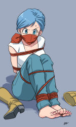 Rule 34 | 10s, 1girl, bandana, bandana over mouth, bandana, barefoot, bdsm, blue eyes, blue hair, boots, unworn boots, bound, bound ankles, breasts, bulma, cleavage, cloth gag, dragon ball, dragon ball super, earrings, feet, feet together, unworn footwear, full body, gag, gagged, high heel boots, high heels, highres, improvised gag, jewelry, knee boots, lost one zero, matching hair/eyes, medium breasts, nail polish, official style, over the mouth gag, over the nose gag, red nails, rope, shadow, shoe soles, shoes, unworn shoes, short hair, signature, solo, sweat, tied up, toenail polish, toenails, toes, yellow footwear
