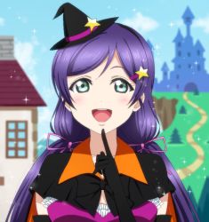 Rule 34 | 10s, 1girl, blush, castle, dancing stars on me!, gloves, green eyes, hair ornament, hat, kazuma (theworld000021), long hair, love live!, love live! school idol project, open mouth, purple hair, smile, solo, tojo nozomi, twintails, witch hat