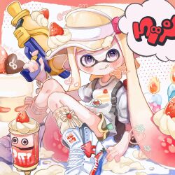 Rule 34 | 1girl, artist name, cake, candle, chocolate, commentary, food, fruit, gradient hair, gun, heart, high tops, highres, holding, holding gun, holding weapon, inkling, inkling (language), inkling girl, inkling player character, long hair, looking at viewer, multicolored hair, nintendo, pointy ears, print shirt, purple eyes, red hair, shirt, shoes, sitting, sneakers, socks, solo, splatoon (series), splatoon 3, splattershot (splatoon), strawberry, suction bomb (splatoon), symbol-only commentary, tentacle hair, thick eyebrows, twitter username, two-tone hair, una ku 277, very long hair, weapon, whipped cream, white footwear, white hair, white headwear, white shirt, white socks
