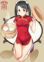 Rule 34 | 1girl, alternate costume, bad id, bad pixiv id, black eyes, black hair, blush, china dress, chinese clothes, closed mouth, covered navel, dress, dumpling, food, full body, holding, kantai collection, looking at viewer, makio (makiomeigenbot), mikuma (kancolle), red dress, red footwear, shoes, short sleeves, sitting, smile, socks, solo, twintails, white socks