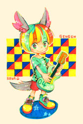 Rule 34 | 10s, 1boy, animal ears, blonde hair, blue eyes, character name, copyright name, gengen (show by rock!!), guitar, instrument, male focus, marker (medium), multicolored hair, shirt, shoes, shorts, show by rock!!, smile, sneakers, solo, standing, streaked hair, t-shirt, tail, traditional media, wataori (ippuku shimasho)