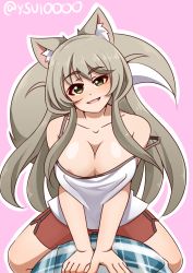 Rule 34 | 1girl, absurdres, animal ears, areola slip, bare shoulders, blush, breasts, cleavage, crop top, fang, fox ears, fox tail, green eyes, hair flaps, halterneck, highres, large breasts, lily the mechanic, long hair, looking at viewer, lost pause, no bra, smile, solo focus, tail, ysui0000