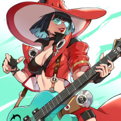 Rule 34 | 1girl, absurdres, belt, black hair, choker, electric guitar, fingerless gloves, gloves, green-tinted eyewear, green-tinted glasses, guilty gear, guilty gear strive, guitar, hat, highres, i-no, instrument, jacket, long hair, red headwear, red jacket, red lips, short hair, sunglasses, tinted eyewear, venus symbol, very long hair, witch hat, xod0