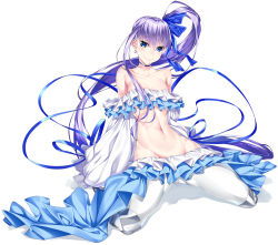 Rule 34 | 1girl, absurdres, bare shoulders, blue eyes, blue ribbon, bow, collarbone, detached sleeves, earrings, fate/grand order, fate (series), frills, groin, hair bow, highres, jewelry, long hair, meltryllis, meltryllis (fate), meltryllis (swimsuit lancer) (fate), meltryllis (swimsuit lancer) (third ascension) (fate), midriff, navel, no panties, prosthesis, prosthetic leg, purple hair, ribbon, side ponytail, simple background, sitting, smile, solo, strapless, swimsuit, tube top, very long hair, watosu (watosu mama), white background