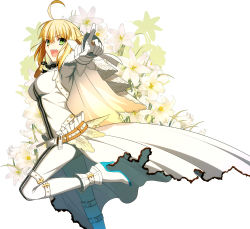 Rule 34 | 1girl, :d, absurdres, ahoge, belt, blonde hair, bodysuit, chain, cowboy shot, fate/extra, fate/extra ccc, fate (series), flower, gloves, green eyes, highres, jewelry, lily (flower), looking at viewer, nero claudius (bride) (fate), nero claudius (fate), official art, open mouth, pointing, pointing at viewer, ring, shoes, short hair, smile, solo, standing, standing on one leg, takeuchi takashi, veil, white background, white bodysuit, white footwear, white gloves, white theme, zipper, zipper pull tab