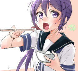 Rule 34 | 1girl, akebono (kancolle), bell, blue sailor collar, bowl, chopsticks, commentary request, flower, hair bell, hair flower, hair ornament, holding, holding bowl, holding chopsticks, jingle bell, kantai collection, long hair, looking at viewer, one-hour drawing challenge, open mouth, purple eyes, purple hair, rice, sailor collar, school uniform, serafuku, short sleeves, side ponytail, solo, upper body, usami (50-point caliper), very long hair