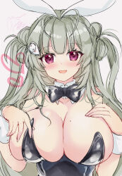 Rule 34 | 1girl, :d, animal ears, antenna hair, black bow, black bowtie, black leotard, blush, bowtie, breasts, detached collar, fake animal ears, goddess of victory: nikke, green hair, heart, heart antenna hair, hinata momo, large breasts, leotard, long hair, looking at viewer, mole, mole on breast, open mouth, pink eyes, playboy bunny, rabbit ears, signature, smile, soda (nikke), soda (twinkling bunny) (nikke), solo, strapless, strapless leotard, twintails, wrist cuffs