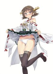 Rule 34 | 1girl, absurdres, bare shoulders, blue eyes, blush, boots, brown hair, closed mouth, clothes lift, detached sleeves, embarrassed, fingernails, flipped hair, green skirt, hair ornament, hairband, headgear, hiei (kancolle), highres, japanese clothes, kantai collection, leg up, lifted by self, looking at viewer, looking down, miniskirt, no legwear, nontraditional miko, panties, plaid, plaid skirt, scan, short hair, side-tie panties, skirt, skirt lift, solo, thigh boots, thighhighs, underwear, wide sleeves, yahako