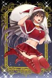 Rule 34 | 1girl, alcohol, alternate costume, black hair, commentary request, fur trim, gloves, hat, high heels, highres, kantai collection, long hair, machi (ritovoyage), midriff, miniskirt, nagato (kancolle), open mouth, pleated skirt, red eyes, red footwear, red hat, red neckwear, red skirt, sake, santa hat, skirt, solo, sparkle, thighhighs, white gloves