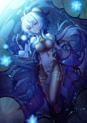 Rule 34 | 1girl, absurdres, afloat, ahoge, bare shoulders, bell, black gloves, black pantyhose, blue hair, blush, bodystocking, breasts, covered navel, cowbell, crying, crying with eyes open, detached sleeves, feet out of frame, flower, ganyu (genshin impact), genshin impact, gloves, glowing, hair between eyes, highres, horns, large breasts, lily pad, long hair, long sleeves, orb, pantyhose, parted lips, purple eyes, so tsubasa, solo, tassel, tears, very long hair, water
