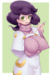 Rule 34 | 10s, 1girl, absurdres, big hair, breasts, covered erect nipples, creatures (company), game freak, glasses, green eyes, highres, impossible clothes, impossible sweater, large breasts, looking at viewer, makoto daikichi, nintendo, pink-framed eyewear, pokemon, pokemon sm, purple hair, ribbed sweater, short hair, smile, solo, sweater, turtleneck, turtleneck sweater, upper body, wicke (pokemon)