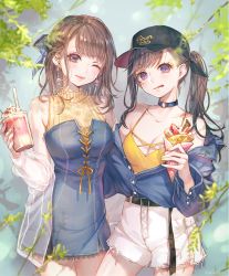 Rule 34 | 2girls, :q, ;), ao+beni, asymmetrical bangs, bare shoulders, baseball cap, belt, belt buckle, black belt, black hat, blue choker, blue dress, blue jacket, blue ribbon, blurry, blush, braid, branch, breasts, brown eyes, brown hair, buckle, buttons, camisole, casual, choker, cleavage, closed mouth, clothes writing, collarbone, commentary request, cowboy shot, cream, crepe, crop top, cross-laced clothes, cup, cutoffs, dappled sunlight, depth of field, dessert, dress, drinking glass, drinking straw, earrings, eyeshadow, fingernails, floral print, food, french braid, fruit, hair ribbon, hat, head tilt, holding, holding cup, holding food, jacket, jewelry, lace, lace-trimmed dress, lace trim, leaf, legs apart, legs together, lips, long hair, long sleeves, looking at viewer, makeup, medium breasts, multiple girls, nail polish, o-ring, o-ring choker, off shoulder, one eye closed, open clothes, open jacket, orange ribbon, original, partially unbuttoned, pink nails, ponytail, print shirt, purple eyes, revision, ribbon, see-through, shadow, shirt, short dress, shorts, side ponytail, sleeveless, sleeveless shirt, smile, spaghetti strap, standing, strapless, strapless dress, strawberry, sunlight, sweets, swept bangs, thigh gap, tongue, tongue out, twitter username, white jacket, white shorts, yellow camisole, yellow shirt