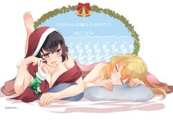 Rule 34 | 2girls, abenattou, arm support, bed sheet, bell, blank eyes, blonde hair, blush, bow, breasts, brown eyes, brown hair, caesar (girls und panzer), carpaccio (girls und panzer), christmas stocking, cleavage, commentary, dated, closed eyes, girls und panzer, happy birthday, hat, holding, leg up, looking at viewer, lying, medium breasts, multiple girls, nude, on bed, on stomach, open mouth, parted lips, pillow, red bow, red headwear, red scarf, santa hat, scarf, smile, snowflake print, translated, twitter username, under covers, white background, wreath, yuri