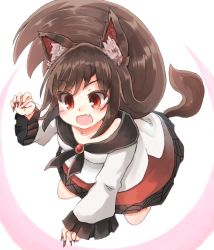 Rule 34 | 1girl, :d, animal ears, brown hair, claw pose, dress, fang, fingernails, frilled sleeves, frills, highres, imaizumi kagerou, kibisake, kneeling, long fingernails, long hair, long sleeves, nail polish, open mouth, red eyes, sharp fingernails, smile, solo, tail, touhou, very long hair, wide sleeves, wolf ears, wolf tail