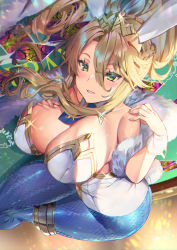 Rule 34 | 1girl, animal ears, artoria pendragon (all), artoria pendragon (fate), artoria pendragon (swimsuit ruler) (fate), bare shoulders, blue neckwear, blue pantyhose, blush, braid, breasts, card, casino card table, cleavage, clothing cutout, detached collar, fake animal ears, fate/grand order, fate (series), feather boa, fishnet pantyhose, fishnets, french braid, hair between eyes, highleg, highleg leotard, large breasts, leotard, long hair, looking at viewer, navel cutout, pantyhose, playboy bunny, playing card, ponytail, rabbit ears, rabbit tail, sidelocks, smile, sparkle, table, tail, thighs, tiara, white leotard, wrist cuffs, yoshimoto (dear life)
