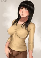 Rule 34 | 1girl, ayaka (zenkou), black hair, breasts, brown eyes, dated, covered erect nipples, large breasts, long hair, looking at viewer, original, shirt, solo, sweater, taut clothes, taut shirt, zenkou