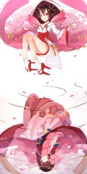 Rule 34 | 2girls, absurdres, ahoge, bare legs, brown eyes, brown hair, cherry blossoms, chinese clothes, demon girl, different reflection, flower, geta, hair flower, hair ornament, highres, hood, horns, japanese clothes, kimono, legs, looking at viewer, multiple girls, obi, oni horns, onmyoji, parted lips, peach blossom, pink eyes, pink flower, pointy ears, reflection, ripples, rotational symmetry, sash, short eyebrows, short hair, short kimono, sll, smile, tabi, tao hua yao, upside-down, wide sleeves, ying hua yao