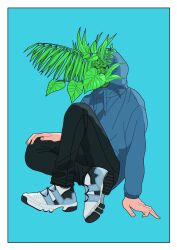 Rule 34 | 1boy, arm support, blue background, blue hoodie, commentary request, covered face, drawstring, full body, hand on own knee, highres, hood, hood up, hoodie, knee up, leaf, long sleeves, male focus, napoli no otokotachi, plant, shoes, shu3 (napoli no otokotachi), simple background, sitting, sneakers, solo, white background, ziko (muzikomax)