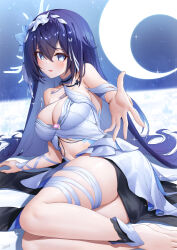 Rule 34 | 1girl, bare shoulders, barefoot, black hair, blue eyes, breasts, chest tattoo, cleavage, clothing cutout, colored inner hair, commentary request, crescent, crescent moon, dress, feet out of frame, flower, foreshortening, hair between eyes, hair flower, hair ornament, highres, honkai (series), honkai impact 3rd, large breasts, long hair, looking at viewer, lying, medium breasts, moon, multicolored hair, on side, reaching, reaching towards viewer, seele vollerei, seele vollerei (herrscher of rebirth), sidelocks, smile, solo, stomach cutout, tattoo, thigh strap, thighs, very long hair, white dress, xfate