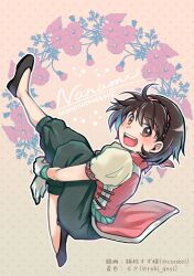 Rule 34 | 1girl, :d, blush, brown eyes, brown hair, collaboration, colorized, floral background, full body, gensou suikoden, gensou suikoden ii, gloves, hairband, highres, looking at viewer, nanami (suikoden), open mouth, ruki gnsi, short hair, smile, solo