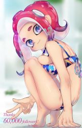 Rule 34 | 1girl, artist name, bad id, bad twitter id, barefoot, bikini, blue eyes, blurry, blurry background, breast press, breasts, english text, from side, highres, kashu (hizake), large breasts, looking at viewer, milestone celebration, nintendo, octoling, octoling girl, octoling player character, red hair, smile, solo, splatoon (series), splatoon 2, swimsuit, tentacle hair, thank you, tiptoes, v, watermark