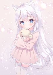 Rule 34 | 1girl, animal ear fluff, animal ears, blue eyes, blush, brown background, chitosezaka suzu, closed mouth, collared dress, commentary request, commission, dress, grey hair, hair between eyes, heart, highres, hugging object, long hair, long sleeves, original, pink dress, pleated dress, simple background, skeb commission, skindentation, solo, stuffed animal, stuffed toy, tail, teddy bear, thighhighs, very long hair, white thighhighs, wide sleeves, wing hair ornament