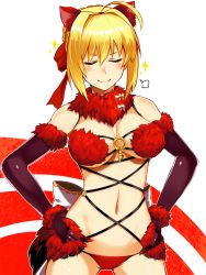 Rule 34 | 10s, 1girl, alternate color, animal ears, bare shoulders, breasts, cleavage, cosplay, elbow gloves, closed eyes, fate/extra, fate/grand order, fate (series), gloves, halloween costume, hands on own hips, highres, mash kyrielight, mash kyrielight (dangerous beast), mash kyrielight (dangerous beast) (cosplay), medium breasts, navel, nero claudius (fate), nero claudius (fate) (all), nero claudius (fate/extra), nirai kanai, official alternate costume, shielder (fate/grand order) (cosplay), simple background, solo, white background, wolf ears