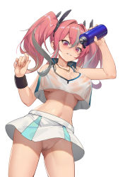 Rule 34 | 1girl, absurdres, arms up, azur lane, bare legs, bare shoulders, blush, bottle, breasts, bremerton (azur lane), bremerton (scorching-hot training) (azur lane), cameltoe, collarbone, collared shirt, commentary request, covered erect nipples, cowboy shot, crop top, crop top overhang, eir, artistic error, gluteal fold, green skirt, grey hair, hair between eyes, hair intakes, hair ornament, hairclip, hands up, heart, heart necklace, highres, holding, holding bottle, jewelry, large breasts, long hair, looking at viewer, midriff, mole, mole under eye, mole under mouth, multicolored hair, nail polish, navel, necklace, no bra, panties, parted lips, pink eyes, pink hair, pink nails, pouring, pouring onto self, see-through, shirt, sidelocks, simple background, skirt, sleeveless, sleeveless shirt, smile, solo, sportswear, standing, streaked hair, teeth, tennis uniform, twintails, two-tone hair, two-tone shirt, two-tone skirt, underwear, water bottle, water drop, wet, wet clothes, wet shirt, white background, white panties, white shirt, white skirt, wind, wind lift, wristband, x hair ornament