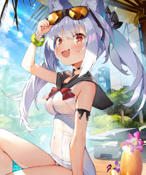 Rule 34 | &gt;:d, 1girl, adapted costume, adjusting eyewear, arm ribbon, arm up, azur lane, bangle, black ribbon, black sailor collar, blue sky, blush, bracelet, breasts, bright pupils, brown eyes, choker, cityscape, cloud, covered navel, cup, day, eyewear on head, fang, flower, gaou (umaiyo puyoman), hand on eyewear, impossible clothes, impossible swimsuit, jewelry, knee up, light rays, long hair, looking at viewer, medium breasts, official art, one-piece swimsuit, open mouth, outdoors, palm tree, pool, poolside, ribbon, sailor collar, school swimsuit, sidelocks, silver hair, sitting, sky, small breasts, solo, sparkle, sunglasses, sunlight, swimsuit, tree, tropical drink, twintails, v-shaped eyebrows, water, white one-piece swimsuit, white school swimsuit, yukikaze (azur lane)