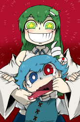 Rule 34 | 2girls, blue hair, detached sleeves, eyebrows, finger in another&#039;s mouth, frog, frog hair ornament, green eyes, green hair, grin, hair ornament, hand in mouth, heterochromia, highres, kochiya sanae, long hair, multiple girls, nicetack, red eyes, shaded face, smile, snake, snake hair ornament, star-shaped pupils, star (symbol), symbol-shaped pupils, tatara kogasa, tearing up, tongue, tongue grab, tongue out, touhou