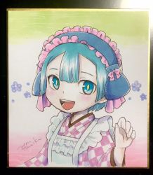 Rule 34 | 1boy, :d, apron, blue eyes, blue hair, blue hairband, checkered clothes, checkered kimono, child, floral background, frilled apron, frilled hairband, frills, green background, hairband, hand up, highres, japanese clothes, kimono, looking at viewer, made in abyss, maid, male focus, maruruk, multicolored background, open mouth, photo (medium), pink background, pink kimono, pouch, shikishi, short hair, signature, slit pupils, smile, solo, traditional media, trap, tsumiki yuu, upper body, wa maid, white apron, white background