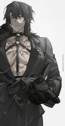 Rule 34 | 1boy, alternate color, artist name, black gloves, black hair, black jacket, black pants, blurry, blurry foreground, chain, chest harness, chest tattoo, copyright notice, gloves, hair between eyes, hair ornament, hairpin, harness, highres, jacket, jewelry, k00s, large pectorals, long sleeves, looking at viewer, luca kaneshiro, male focus, neck tattoo, nijisanji, nijisanji en, no shirt, pants, pectoral cleavage, pectorals, ring, short hair, short sidetail, simple background, solo, tattoo, virtual youtuber, white background, yellow eyes