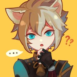 Rule 34 | ..., 1boy, ?, ??, animal ear fluff, animal ears, black gloves, blonde hair, blue eyes, blue shirt, bracer, brown hair, cat ears, commentary, english commentary, fingerless gloves, flower knot, genshin impact, gloves, gorou (genshin impact), hand on own chin, highres, kanlamari, looking at viewer, male focus, multicolored hair, neck tassel, open mouth, shirt, simple background, single shoulder pad, solo, speech bubble, thick eyebrows, thinking, two-tone hair, upper body, yellow background