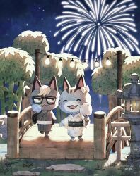 Rule 34 | 1boy, 1girl, :d, ^ ^, aerial fireworks, animal crossing, arch bridge, artist name, bamboo, black-framed eyewear, black kimono, black sash, blush, bow, bridge, brown eyes, candle, cat boy, closed eyes, commentary, cotton candy, fangs, fire, fireworks, floral print, flower, food, furry, furry female, furry male, glasses, grass, hair bow, hand fan, happy, highres, holding, holding fan, holding food, japanese clothes, kaji (oni atat), kimono, lantern, lolly (animal crossing), long sleeves, looking at another, night, night sky, nintendo, obi, open mouth, outdoors, paper fan, plant, railing, raymond (animal crossing), rock, sash, sideways glance, sky, smile, standing, star (sky), stone lantern, striped clothes, striped kimono, symbol-only commentary, twitter username, uchiwa, vertical-striped clothes, vertical-striped kimono, white bow, white flower, white kimono, white sash, wide sleeves, wooden bridge, yellow flower
