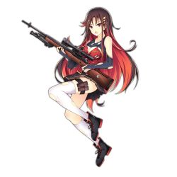 Rule 34 | 1girl, bipod, black skirt, boots, breasts, bridal gauntlets, brown hair, cleavage, full body, girls&#039; frontline, gun, hair ornament, jianren, long hair, looking at viewer, m21, m21 (girls&#039; frontline), magazine (weapon), match grade firearm, match grade rifle, multicolored hair, official art, pleated skirt, red eyes, red hair, rifle, scope, shirt, skirt, sniper rifle, solo, thighhighs, torn clothes, torn shirt, torn sleeves, torn thighhighs, transparent background, weapon, white thighhighs