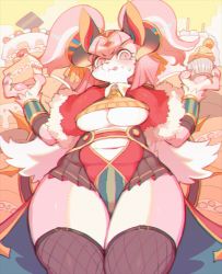 Rule 34 | 1girl, :d, breasts, cake, chromatic aberration, cupcake, food, fullbokko heroes, furry, furry female, holding, horns, large breasts, open mouth, pink eyes, pink hair, pink theme, rikose, slit pupils, smile, solo, thighhighs, too many, underboob