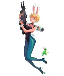 Rule 34 | 1girl, :3, animal ears, animification, apex legends, black bow, blonde hair, blue eyes, blue pantyhose, bow, breasts, bright pupils, cleavage, detached collar, facial scar, fake animal ears, gun, holding, holding gun, holding weapon, joong beak, leotard, light machine gun, looking at viewer, medium breasts, nessie (respawn), pantyhose, playboy bunny, rabbit ears, scar, scar on arm, scar on cheek, scar on face, short hair, smile, solo, wattson (apex legends), weapon, white pupils, wrist cuffs