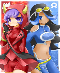 Rule 34 | 00s, 10s, 2girls, alternate costume, black gloves, black hair, blue eyes, blue gloves, blue hair, blue legwear, bracelet, breasts, clothing cutout, courtney (pokemon), courtney (pokemon oras), creatures (company), cropped jacket, curly hair, dark-skinned female, dark skin, female focus, game freak, gloves, goggles, hip focus, hood, hoodie, horns, jacket, jewelry, light purple hair, long hair, looking at viewer, midriff, momosemocha, multicolored hair, multiple girls, navel, nintendo, pants, pokemon, pokemon oras, pokemon rse, purple eyes, purple hair, ribbed sweater, shelly (pokemon), shelly (pokemon oras), short hair, shorts, shoulder cutout, skirt, small breasts, standing, sweater, team aqua, team magma, two-tone hair, uniform