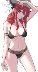 Rule 34 | 1girl, absurdres, alternate costume, arknights, arm strap, arm up, bare arms, bare shoulders, belt, bikini, black bikini, breasts, choker, commentary request, cowboy shot, food, hat, head tilt, highres, horns, large breasts, long hair, looking at viewer, mouth hold, navel, popsicle, purple eyes, red hat, shortofsugar, simple background, solo, standing, stomach, surtr (arknights), swimsuit, thighs, white background, white choker