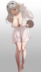 Rule 34 | 1girl, bandaged head, bandages, breasts, character doll, cleavage, commander (nikke), goddess of victory: nikke, grey hair, grin, hair ribbon, highres, holding, large breasts, leaning forward, long hair, modernia (first affection) (nikke), modernia (nikke), off-shoulder shirt, off shoulder, official alternate costume, okota (pixiv), one eye closed, red eyes, ribbon, shirt, sidelocks, simple background, smile, solo, white shirt, yellow ribbon