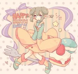 Rule 34 | 1girl, blue eyes, blush, bow, cake, covered horns, dated, double bun, dress, eyelashes, food, fork, fruit, full body, green footwear, green hair, green sweater, hair bun, happy birthday, horns, karunabaru, lidelle (puyopuyo), macaron, mary janes, open mouth, pointy ears, polka dot border, purple bow, puyopuyo, puyopuyo fever, ribbed sweater, shoes, sleeves past fingers, sleeves past wrists, socks, solo, strawberry, strawberry shortcake, striped background, sweater, very long sleeves, yellow dress, yellow horns, yellow socks