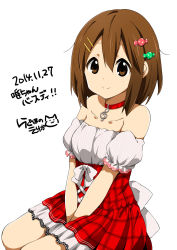 Rule 34 | 1girl, 2014, bare shoulders, between legs, birthday, brown eyes, brown hair, collar, dated, female focus, hair ornament, hand between legs, happy birthday, highres, hirasawa yui, k-on!, looking at viewer, official style, ragho no erika, short hair, signature, simple background, smile, solo, translated, treble clef, white background