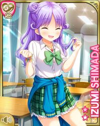 Rule 34 | 1girl, :d, alternate hairstyle, blue sweater, bow, character name, classroom, closed eyes, day, fang, girlfriend (kari), green bow, indoors, looking at viewer, official art, open mouth, plaid, plaid skirt, purple eyes, purple hair, qp:flapper, school uniform, shimada izumi, sitting, skirt, smile, solo, sweater, tagme, tied sweater