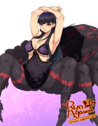 Rule 34 | 1girl, agawa ryou, arachne, armpits, arms up, arthropod girl, artist name, bad id, bad tumblr id, black hair, borrowed character, bra, breasts, carapace, commentary request, covered erect nipples, extra eyes, female focus, gradient background, insect girl, large breasts, lingerie, lips, long hair, monster girl, navel, original, red eyes, solo, spider girl, taur, underwear, watermark, web address