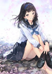 Rule 34 | 1girl, barefoot, black hair, blue hairband, blush, cherry blossoms, commentary request, hairband, highres, holding, holding shoes, in water, loafers, long hair, looking at viewer, macciatto (aciel02), open mouth, original, petals, pleated, pleated skirt, school uniform, serafuku, shoes, unworn shoes, sitting, skirt, smile, solo, thighs, water